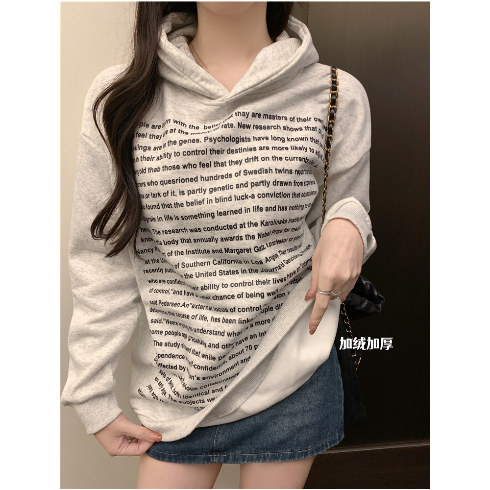 Real photo of Huamian Combination, Thin Fleece, 2025 Spring Wear Sweatshirt for Women Loose Large Size Hooded Print