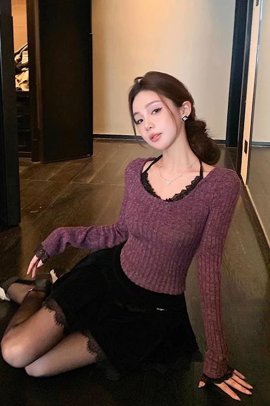 Original workmanship pure lace splicing neck solid color bottoming for women's spring slim fit high-end top