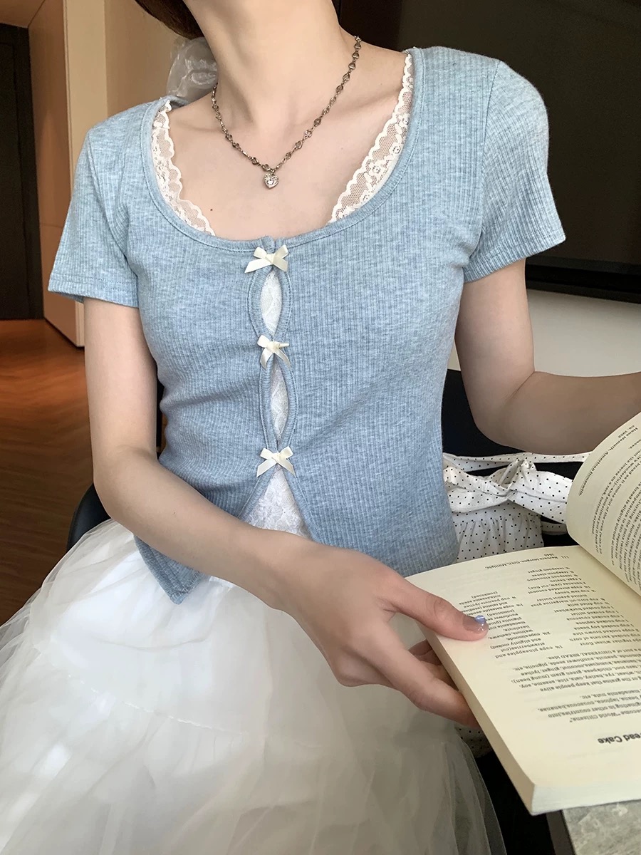 hollyii Korean sweet and versatile short bow lace spliced ​​short sleeve T-shirt women's top 2025 new