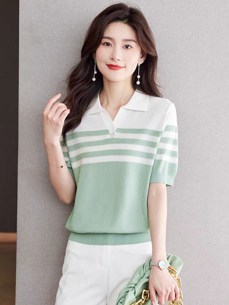 Polo neck short-sleeved T-shirt for women new women's striped top lapel sweater neck t-shirt