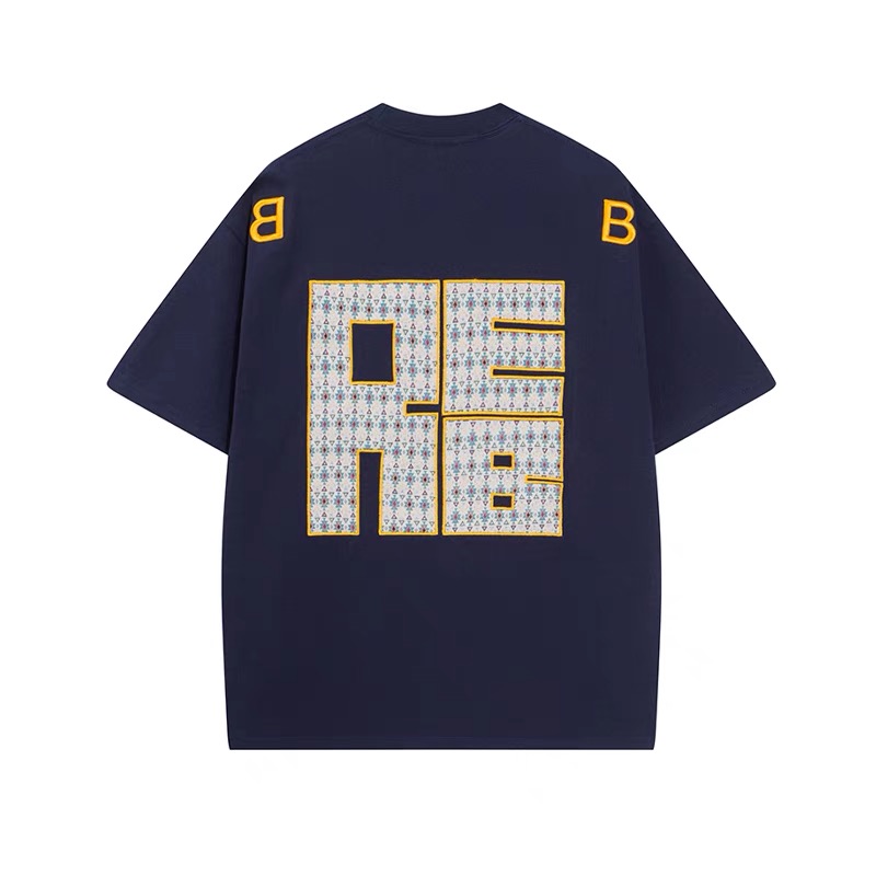 Applied embroidery 210g pure cotton + ribbed collar #ethnic style letters short-sleeved T-shirt for men and women couples loose