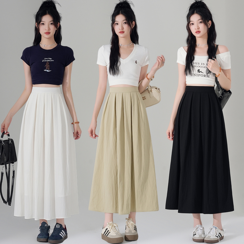 Women's 2025 new summer high-waisted A-line slim umbrella skirt pleated long skirt small Yamamoto skirt