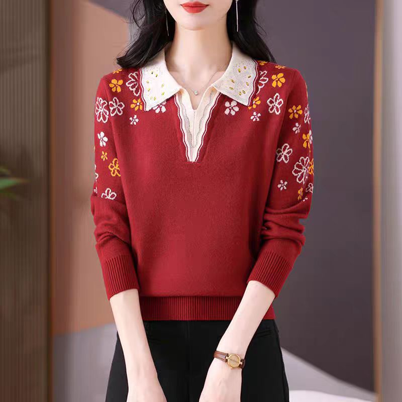 時尚媽媽洋氣翻領毛衣中年媽媽寬鬆針織衫上衣女裝秋冬衣服