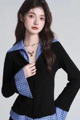 Original workmanship design plaid splicing long-sleeved T-shirt for women niche retro fake two-piece cardigan underwear