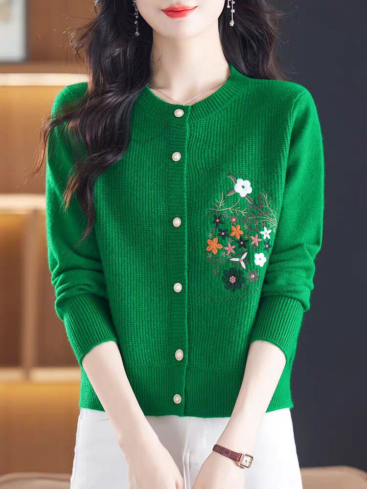 Sweater jacket for women's spring new high-end embroidered top with skirt short wool knitted cardigan