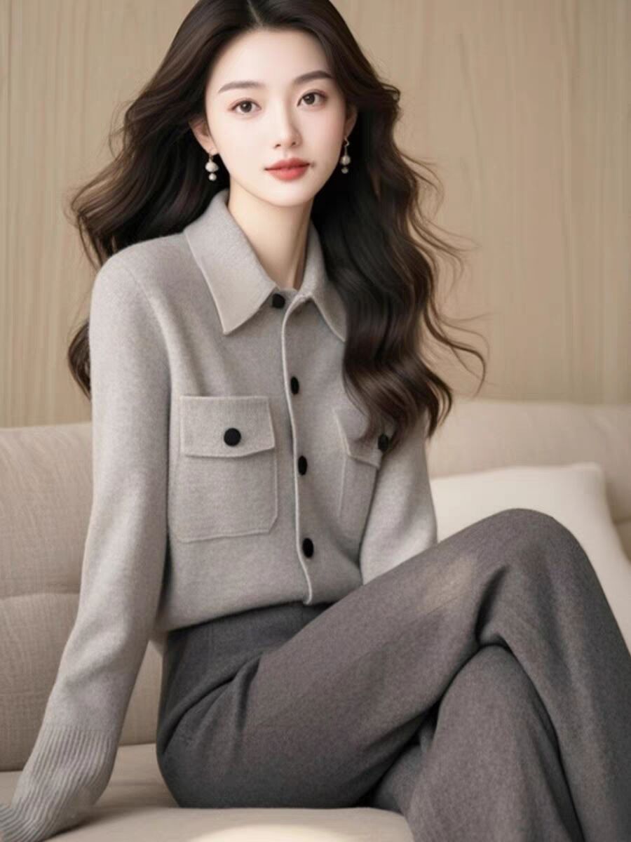 Korean double pocket lapel gray sweater cardigan women's spring and autumn mature style sweater temperament jacket top