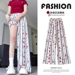 Comfortable loose rose wide-leg pants 2025 summer new floral straight pants for women casual droop thin trousers