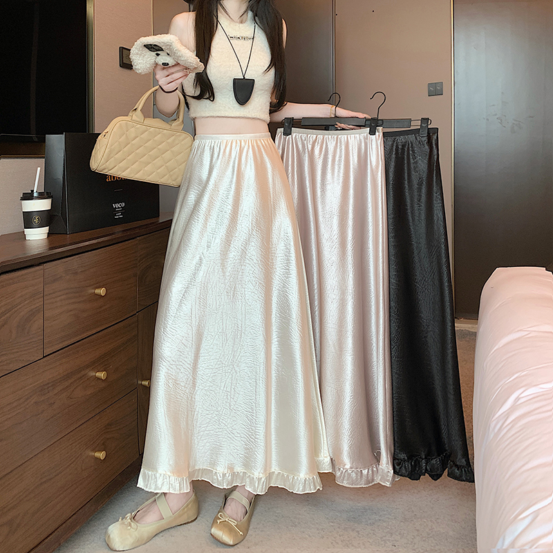 Real shot of spring and summer texture, acetic acid A-line skirt, fashionable black ears spliced ​​drooping mid-length skirt for women
