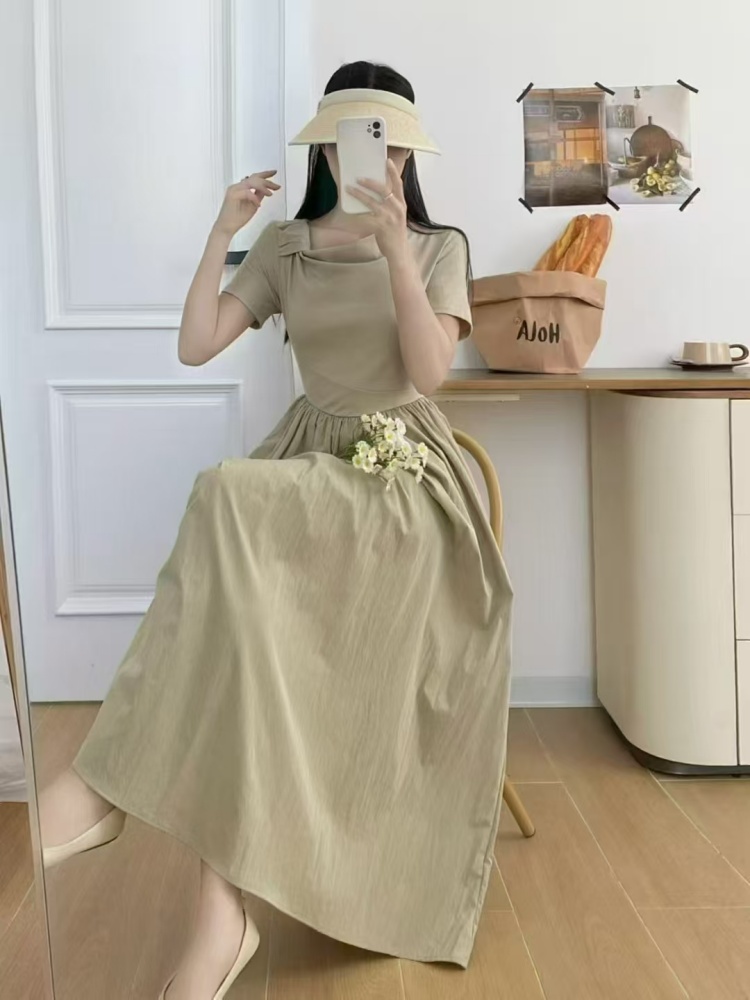 洋氣法式高腰溫柔風連衣裙女小眾設計2025夏季新款小個子拼接長裙