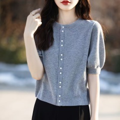 法式針織開衫韓版女高級感精緻珍珠紐扣圓領半袖春夏寬鬆毛衣外套