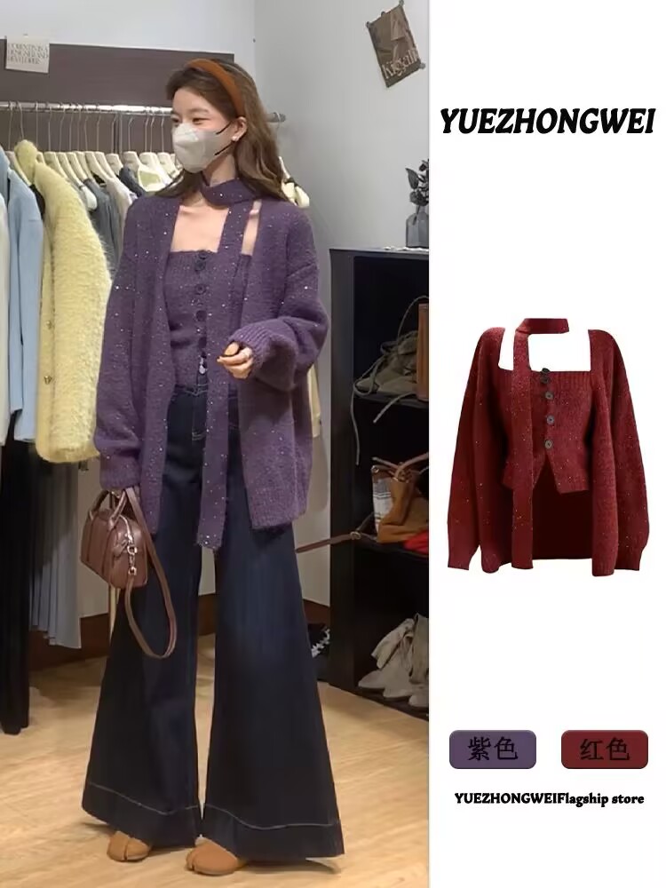 Purple sweater set 2025 new women's clothing for spring outfits, a complete set of high-end knitted cardigan three-piece set