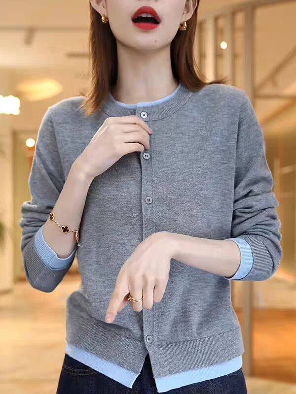 Round neck long sleeve sweater fashionable splicing high-end cardigan trendy 2025 spring women's clothing
