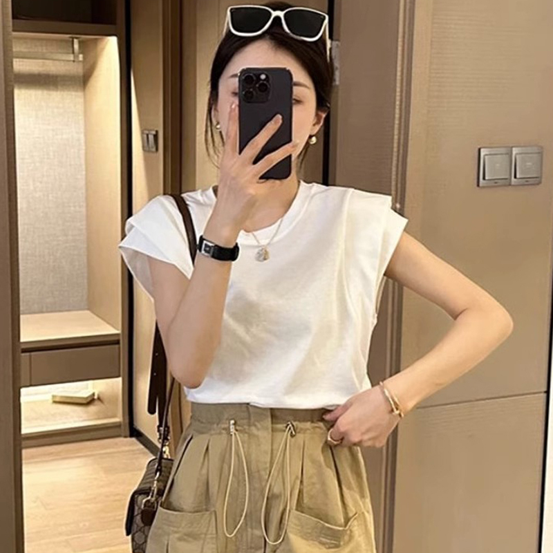官圖 100%棉21支210g純棉 黑色小飛袖正肩短袖t恤女