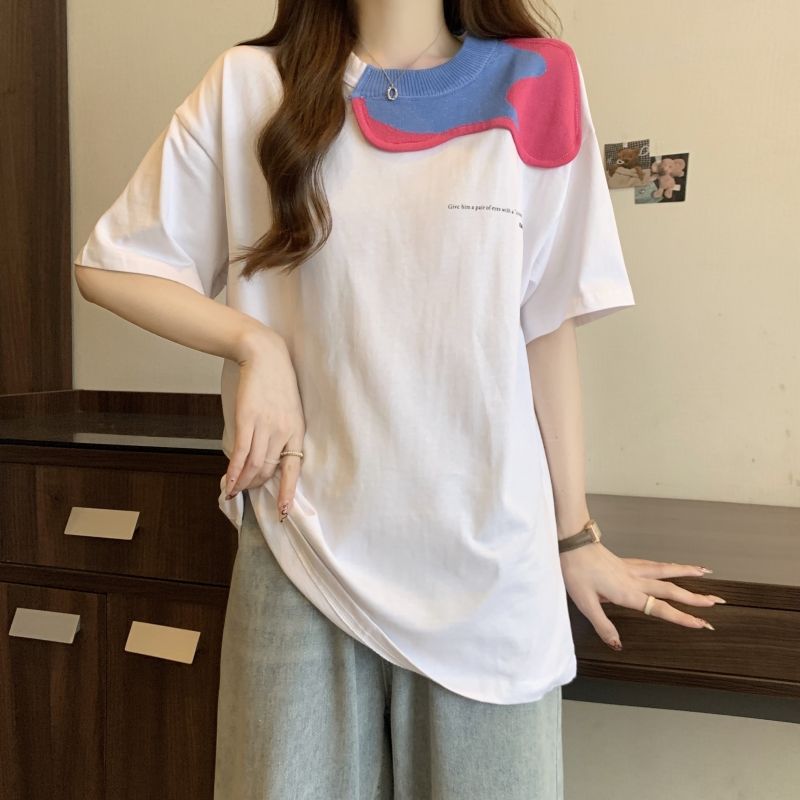實拍 220g純棉100%綿夏裝短袖T恤女針織領拼接印花
