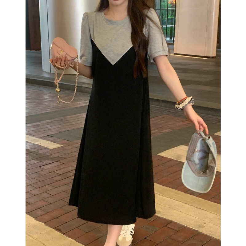 實拍80-200斤｜拼色大碼胖mm短袖連衣裙女裝夏季寬鬆休閒中長裙子
