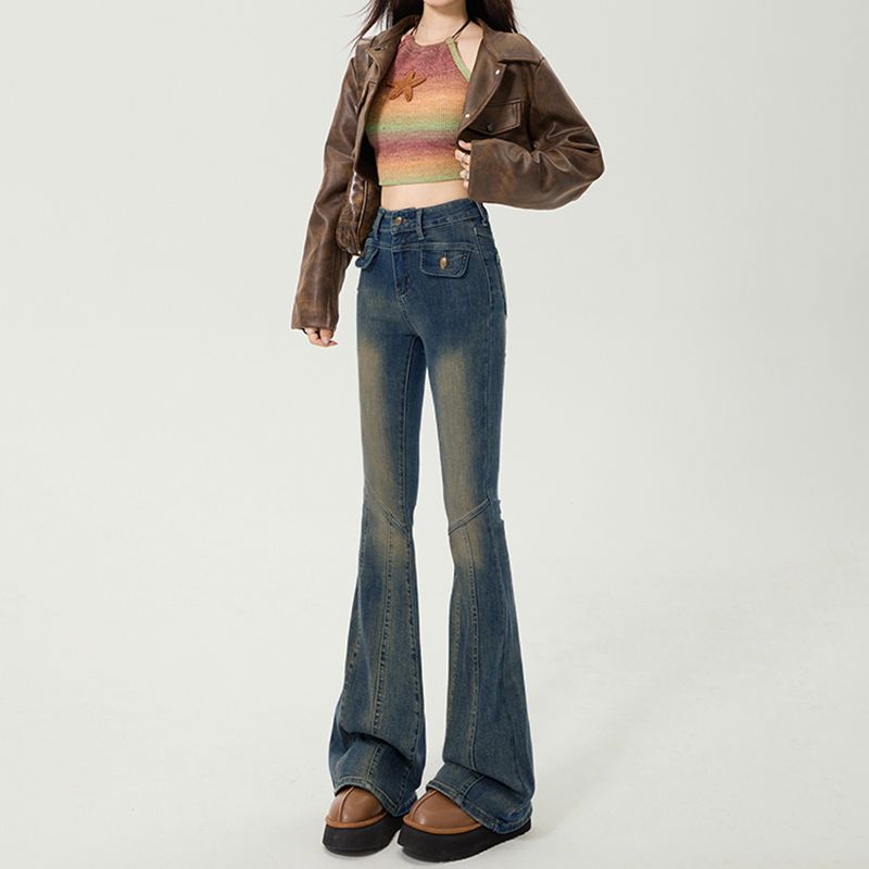 High Street Harajuku style jeans for women with high waist spring and autumn new style slim and high floor horn horseshoe jeans