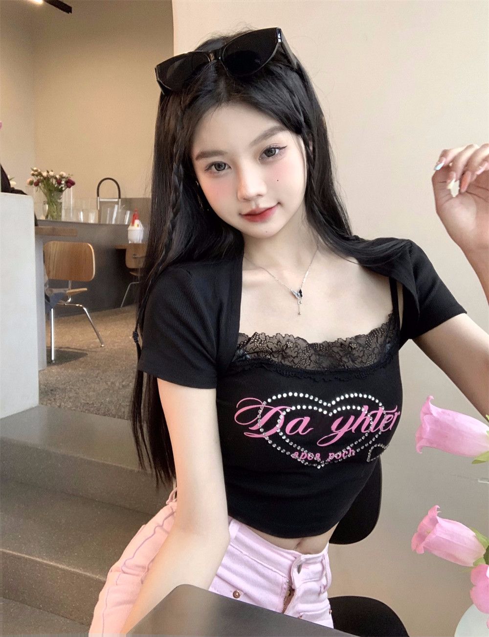螺紋辣妹黑色蕾絲拼接印花小吊帶背心女短款修身內搭性感上衣外穿