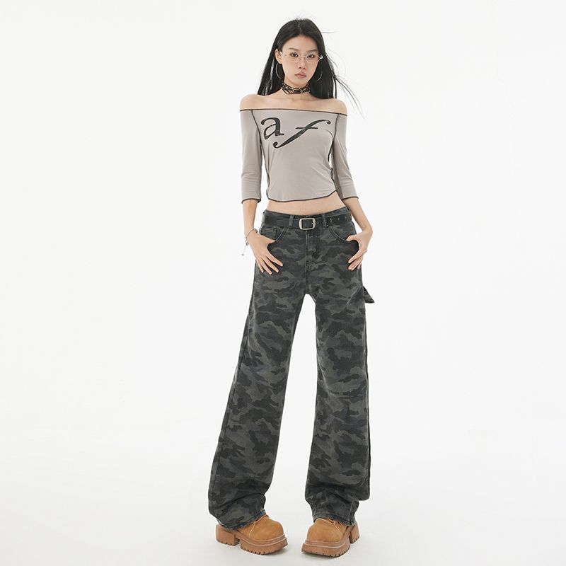Real shot of 2025 spring retro camouflage work clothes wide-leg jeans for women