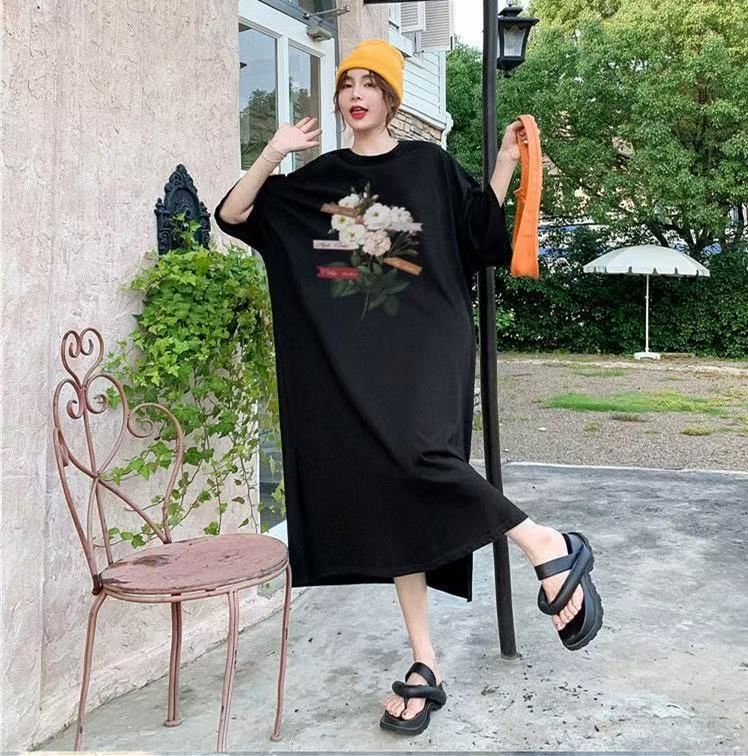 仿棉牛奶絲# 港風女薄款個性印花大碼懶人裙中長款寬鬆顯瘦裙子