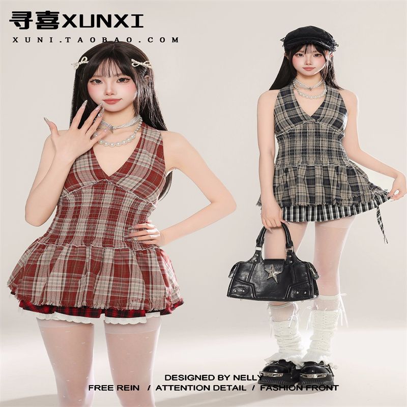 2025新款辣妹風格子掛脖吊帶背心女夏季復古小眾別致收腰無袖上衣
