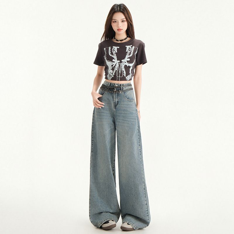 Real shot of 2025 spring fashion trend casual pants for women high waist drooping wide-leg pants