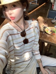 曾小咸 慵懶咖條紋針織寬鬆罩衫T恤女2025春新品休閒百搭顯瘦上衣