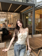 Real shot~Medieval bow knitted suspender vest for women with summer design V-neck slim and delicate outer top