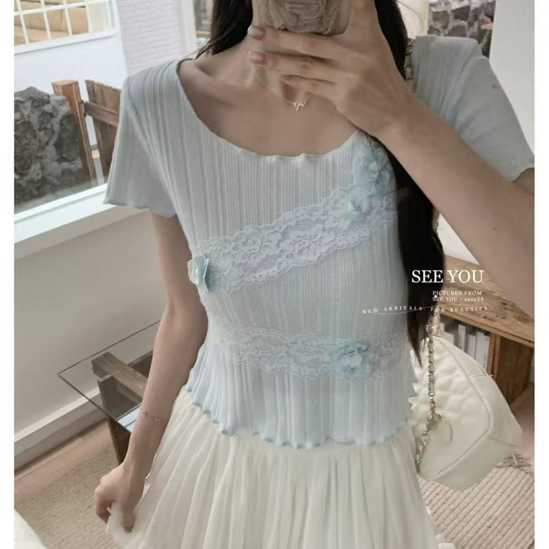 Non-real photo, flower spliced ​​lace short sleeve summer texture French sweet round neck short top