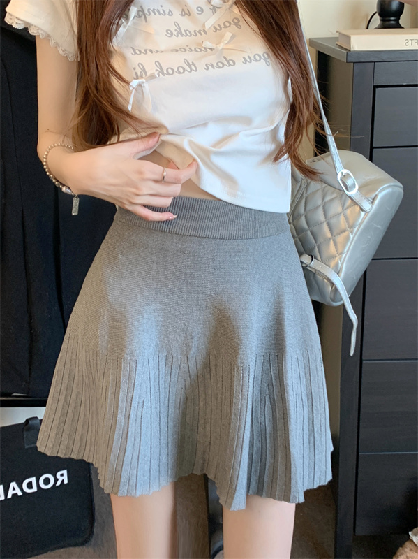 Real shot Pure pleated knitted skirt Spring new knitted skirt versatile high-waisted A-line skirt