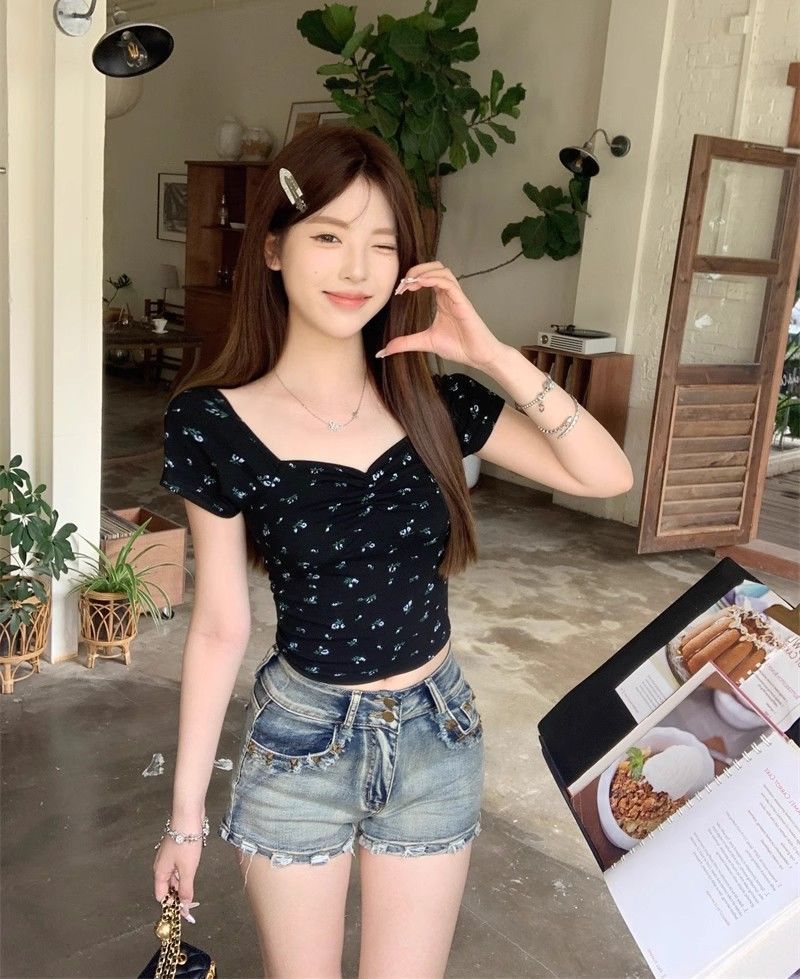 40支1*1反棉碎花短袖T恤女夏季短款甜辣妹上衣