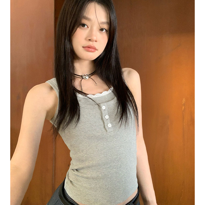 Pure lace edge splicing button suspender vest for women 2025 summer new fake two-piece slim hot girl top