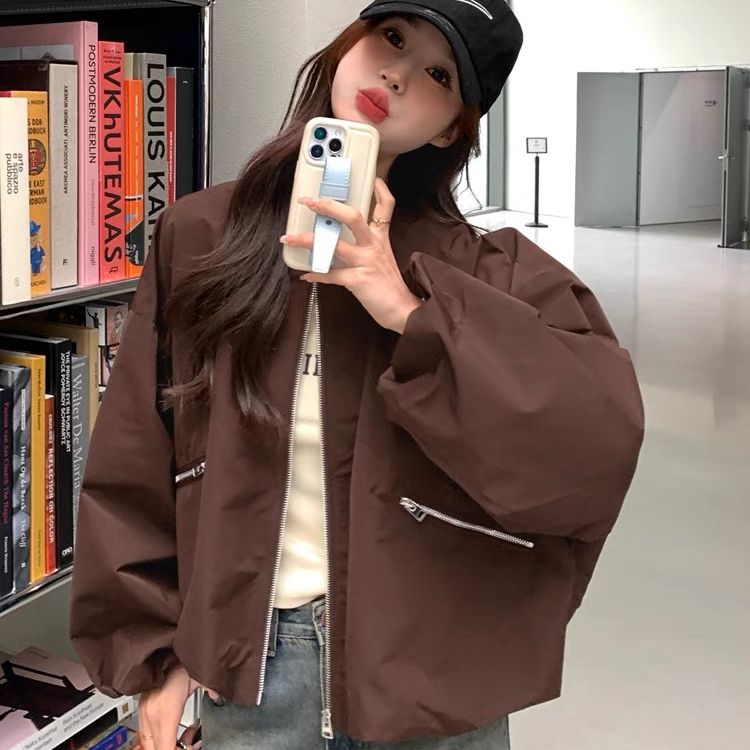 美拉德棒球服外套女春秋2025新款設計感小眾美式夾克燈籠袖