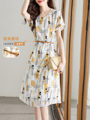 送腰帶歐貨藝術感印花連衣裙高端氣質收腰雪紡裙子女夏天2025新款