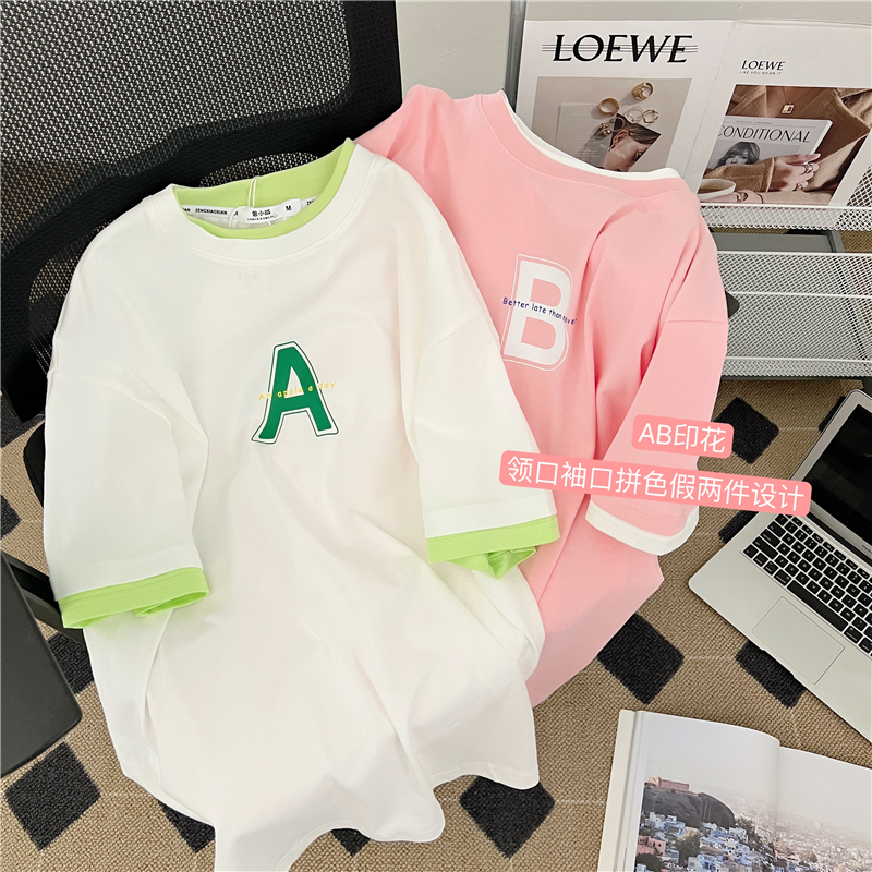 #Real shot 65 pull-up cotton shoulder collar 2025 contrasting color splicing design mid-length short sleeves