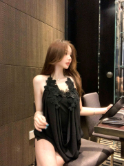 Real photo of a dress with chiffon neck lace backless design black short skirt