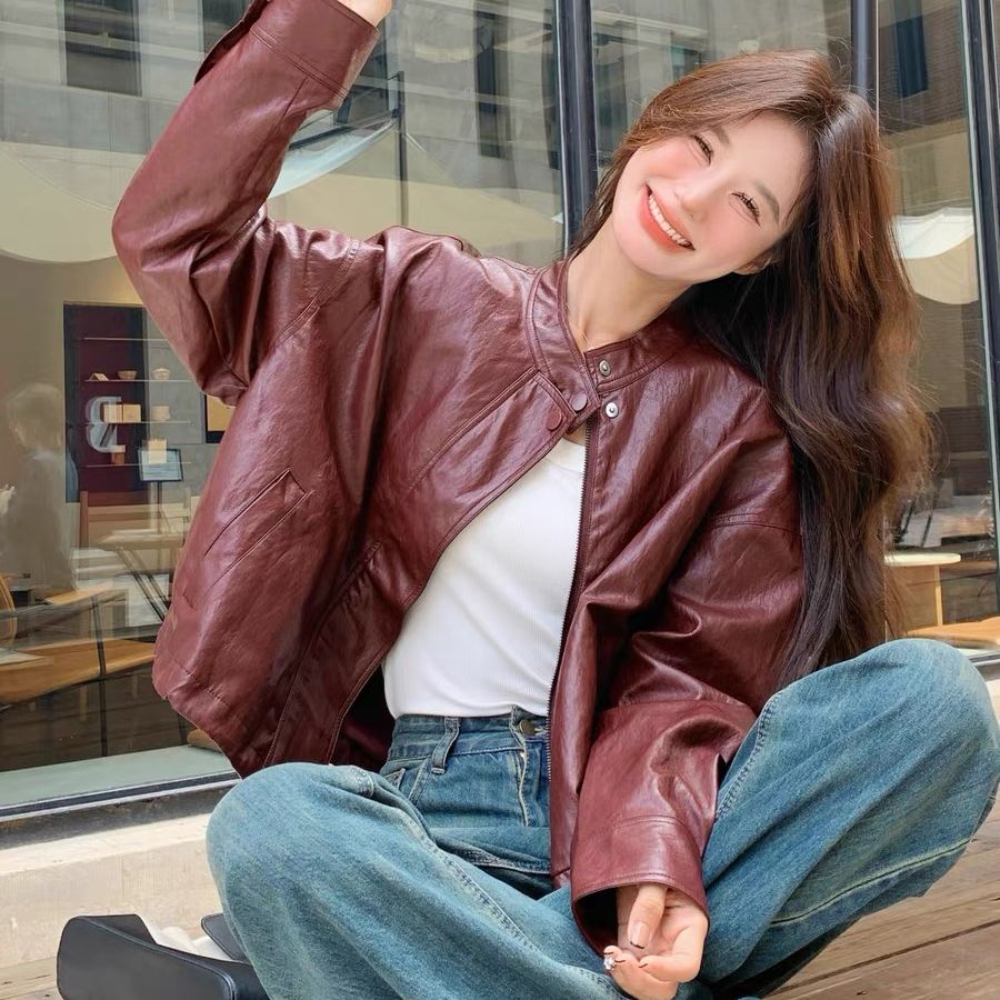 Early Spring New Arrival American Retro Distressed Leather Women's Medium Length Coat 2025 Motorbike Style PU Leather Jacket