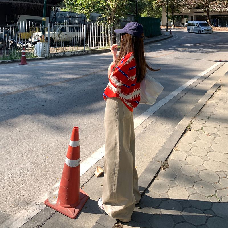 Real shot of 2025 spring fashion trend casual pants for women high waist drooping wide-leg pants