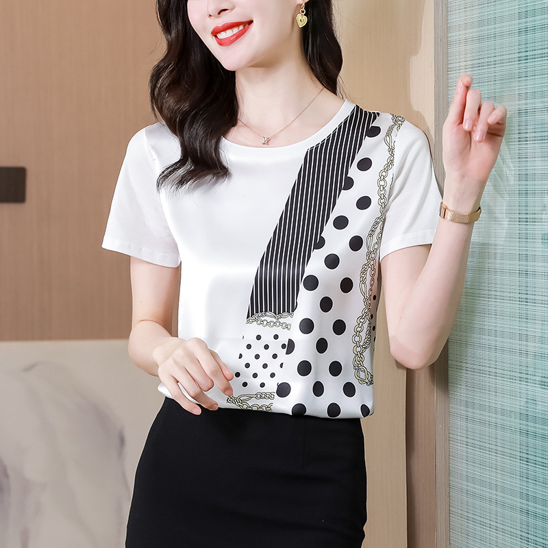 實拍2025夏裝新款時尚圓領拼仿真絲波點白色短袖T恤女小眾上衣女