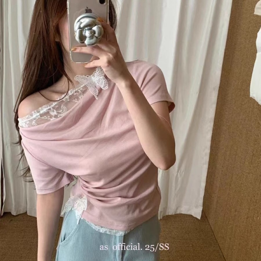 ASOFFICIAL少女心事自帶吸睛亮點蕾絲拼接上衣!純欲蝴蝶結短T小衫