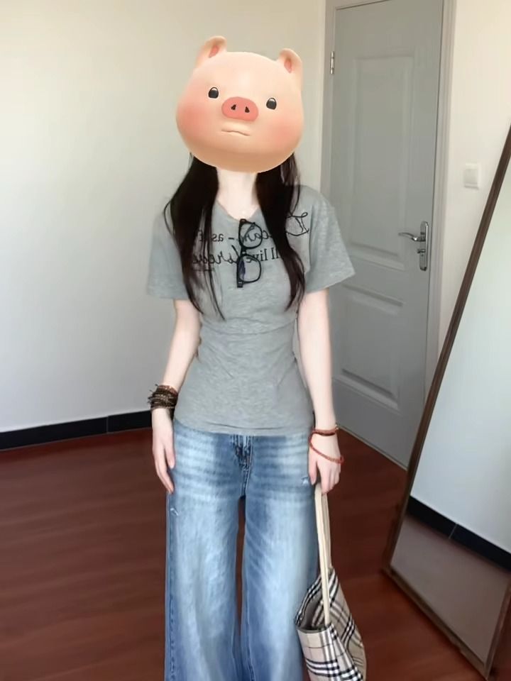 原版純棉面料 美式復古灰色正肩短袖t恤女夏修身顯瘦收腰辣妹上衣