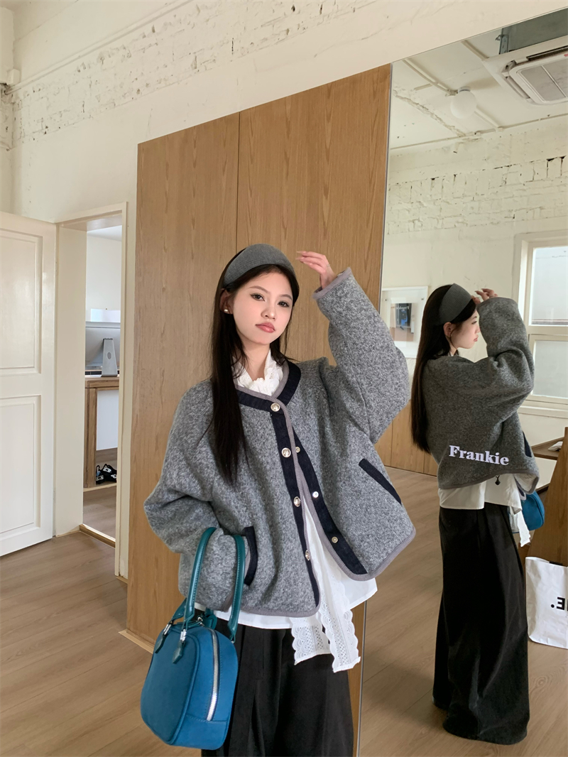 實拍 早春圓領拼接短款小香風外套+蝴蝶結白襯衫+抽繩褲子套裝