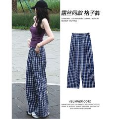 藏青色格子闊腿褲女夏季薄2025新款高腰直筒休閒復古遛彎冰絲褲子