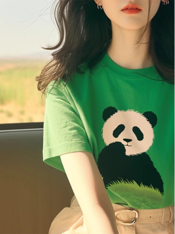 法式甜美獨特别致上衣洋氣減齡薄荷曼波風氣質綠色熊貓短袖T恤夏