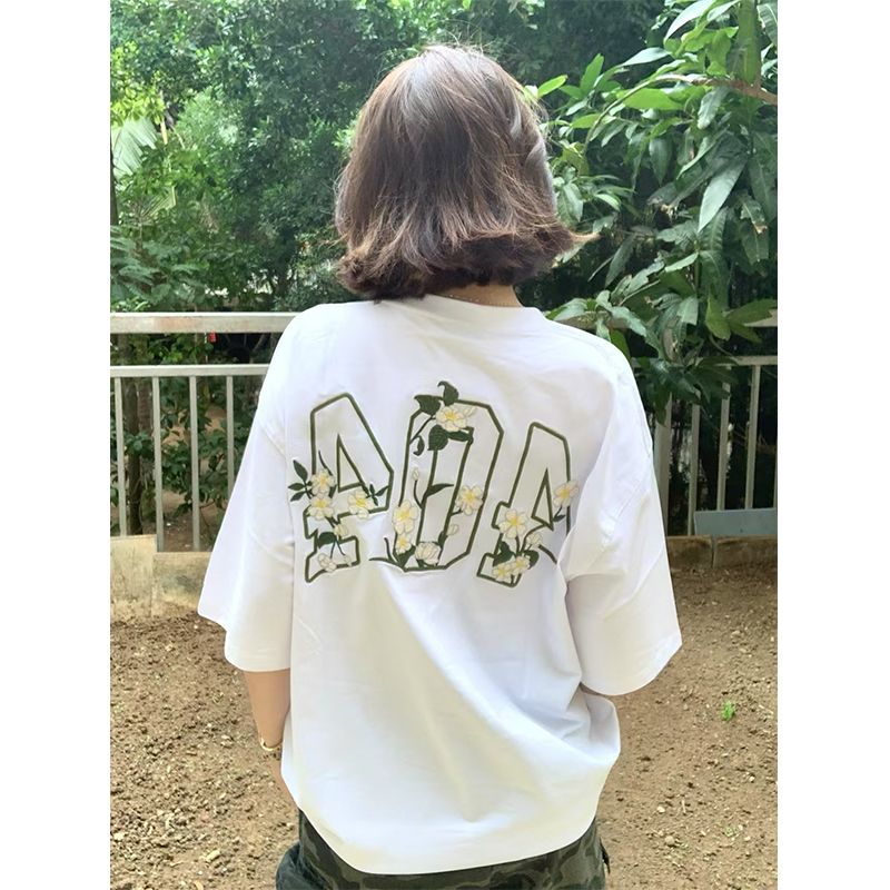2025 summer embroidery 220g pure cotton combed tight threaded collar pull shoulders behind