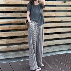 韓版時尚休閒直筒闊腿褲女2025夏季新款大碼顯瘦百搭薄款條紋褲子
