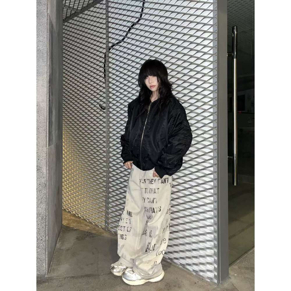 Real shot of 2025 spring fashion old slogan letter print ultra niche jeans women loose wide-leg pants