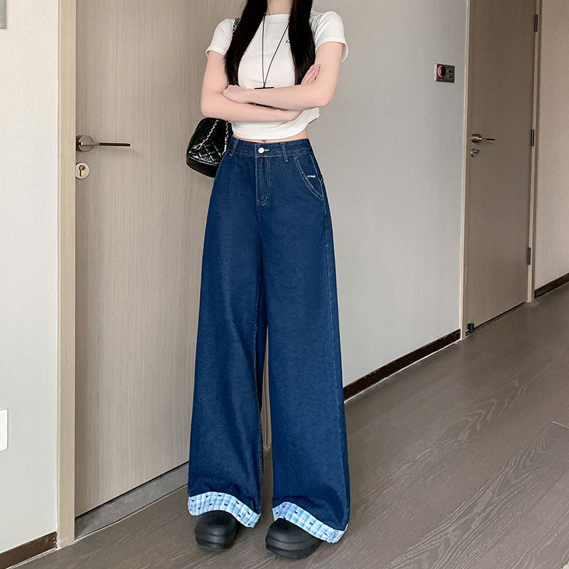 實拍~美式復古格子拼接牛仔褲女春季刺繡褲子寬鬆闊腿拖地褲