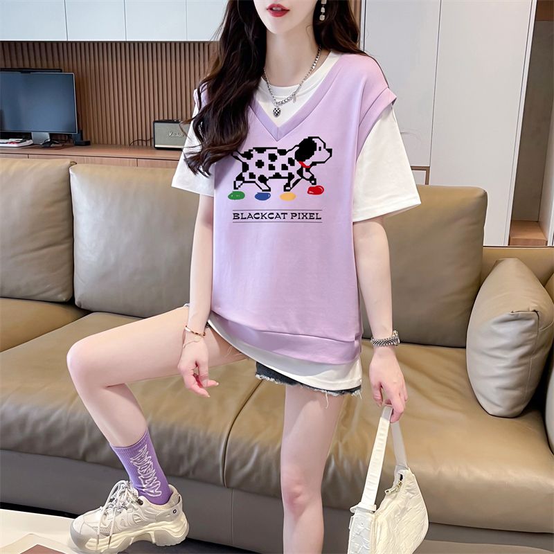 Real shot of 200g pure cotton spring and summer new design sense fake two-piece color-blocking short-sleeved T-shirt women's large-size top