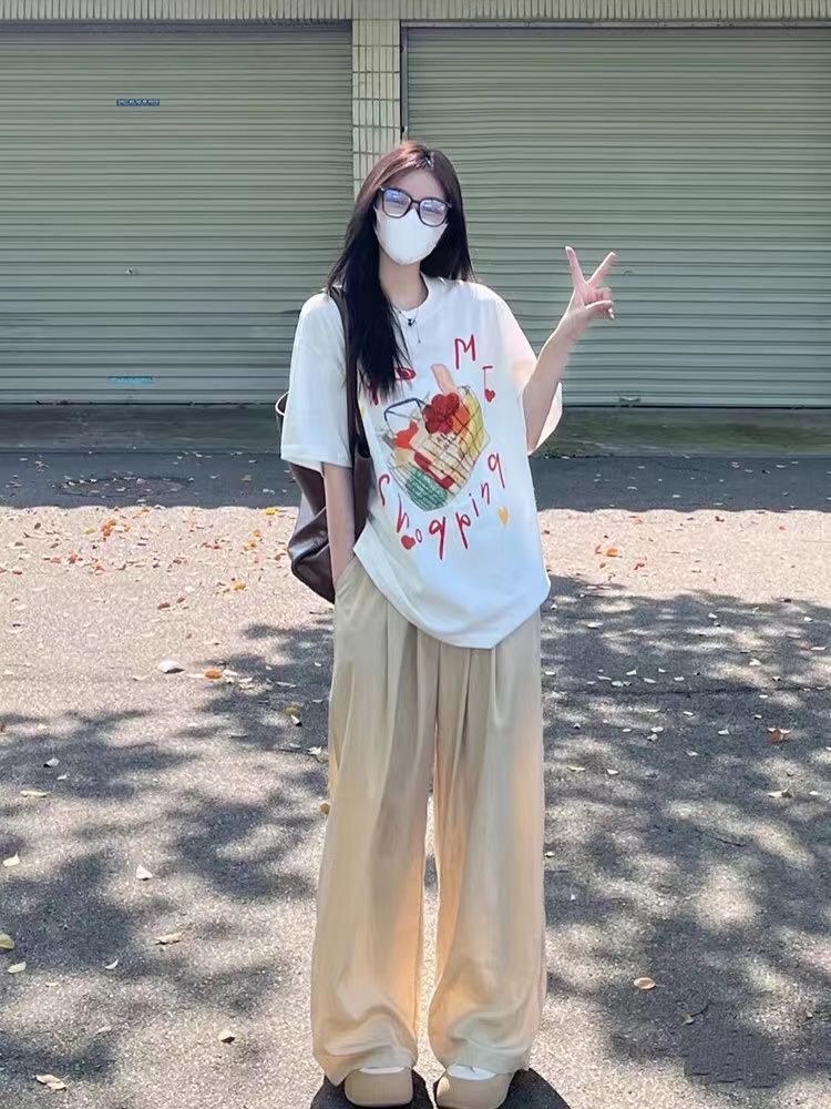 210克純棉 官方寬鬆顯瘦上衣女夏季印花短袖白色T恤