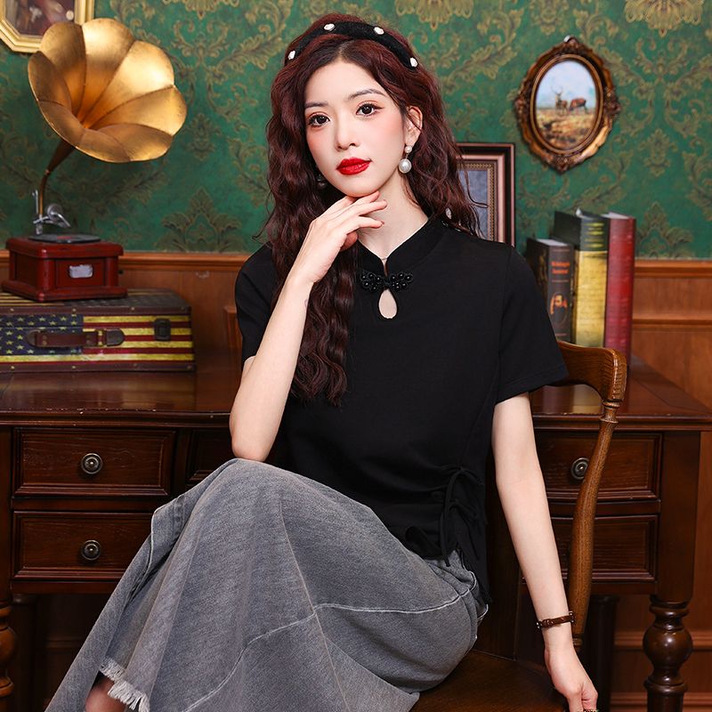 實拍新中式國風短袖t恤女2025夏季白色洋氣減齡獨特别致小眾上衣